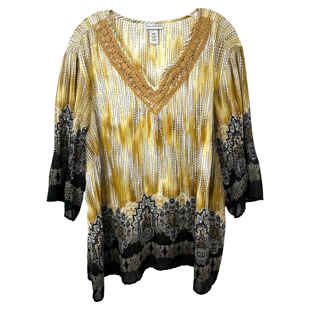 Catherines Plus Size 2XWP Top Gold Black Crochet‎ Trim V Neck Career Mature 657